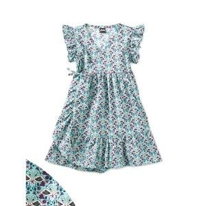 Tea Collection Swans Nile Blue Floral Woven Wrap Dress Girls Ruffled Sleeve 5